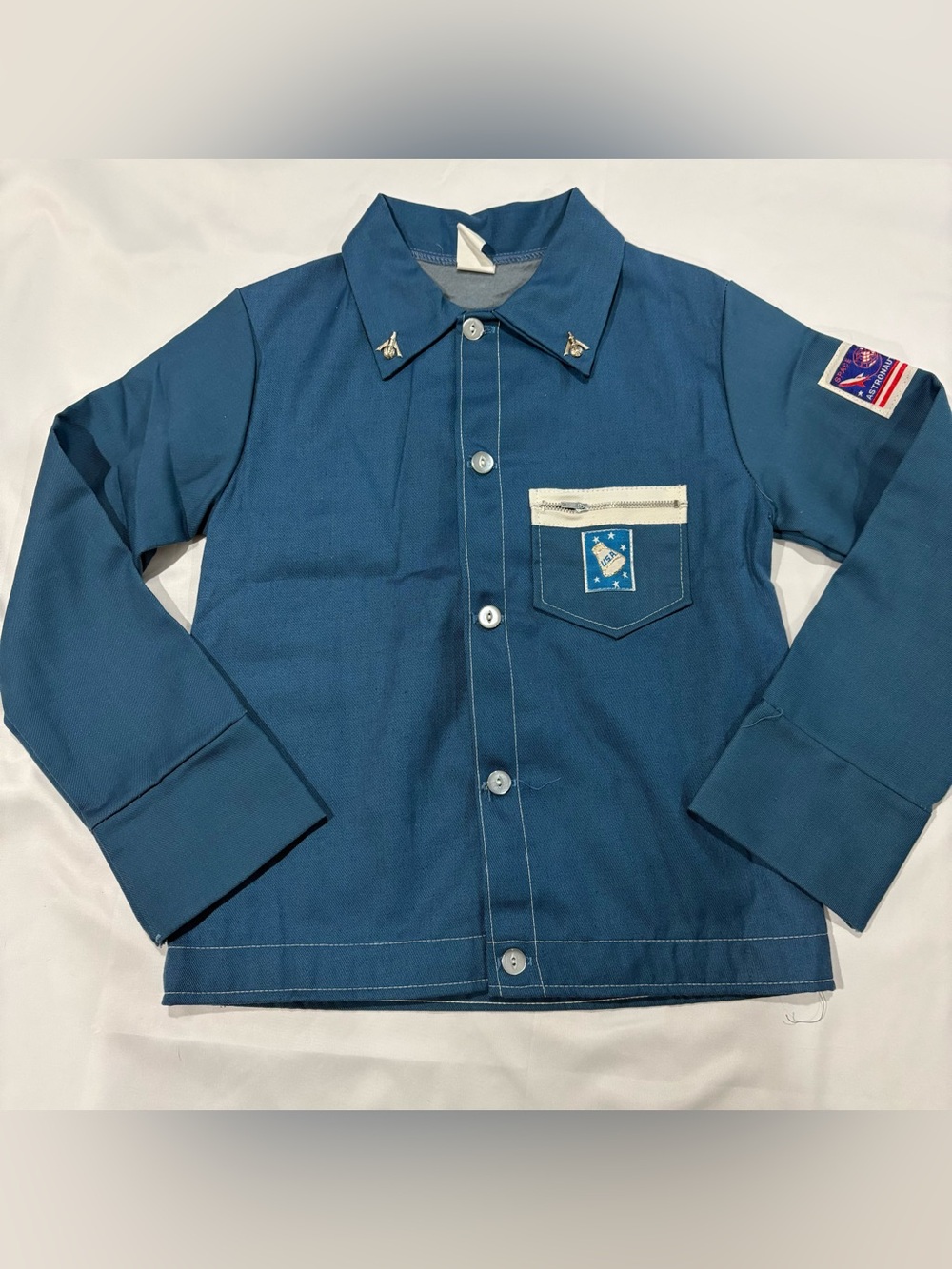 Vtg Boys Astronaut Button Down Shirt Jacket NASA patches USA 80s 90s‎ Blue Sz 14